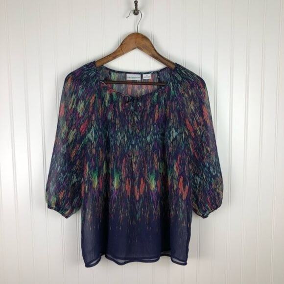 Liz Claiborne Women's Abstract Quarter‎ Sleeve Tie Open Neck Sheer Lined Blouse - Picture 4 of 5